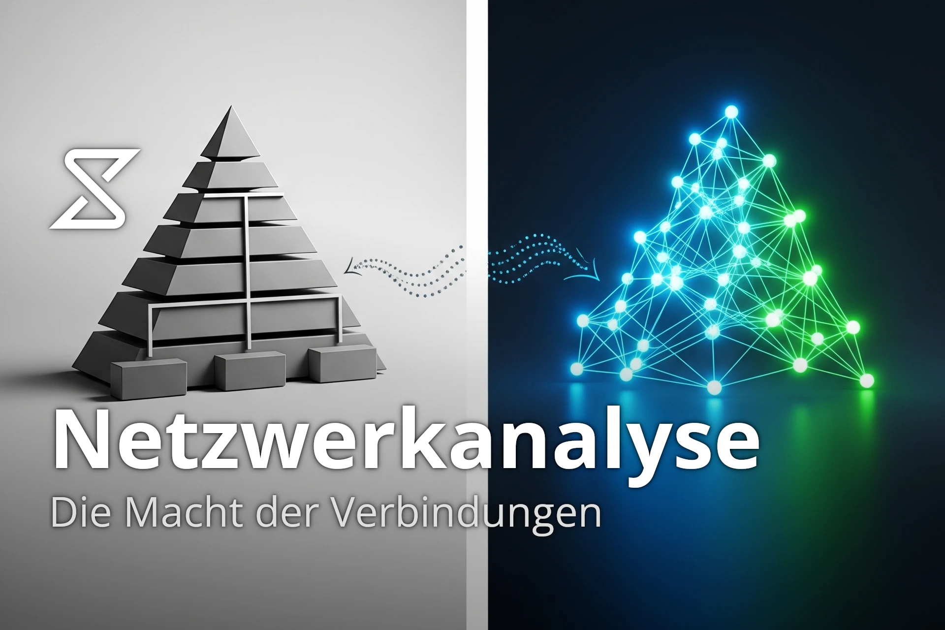 links eine klassische pyramidenförmige organisation, rechts ein pyramidenförmiges netzwerk