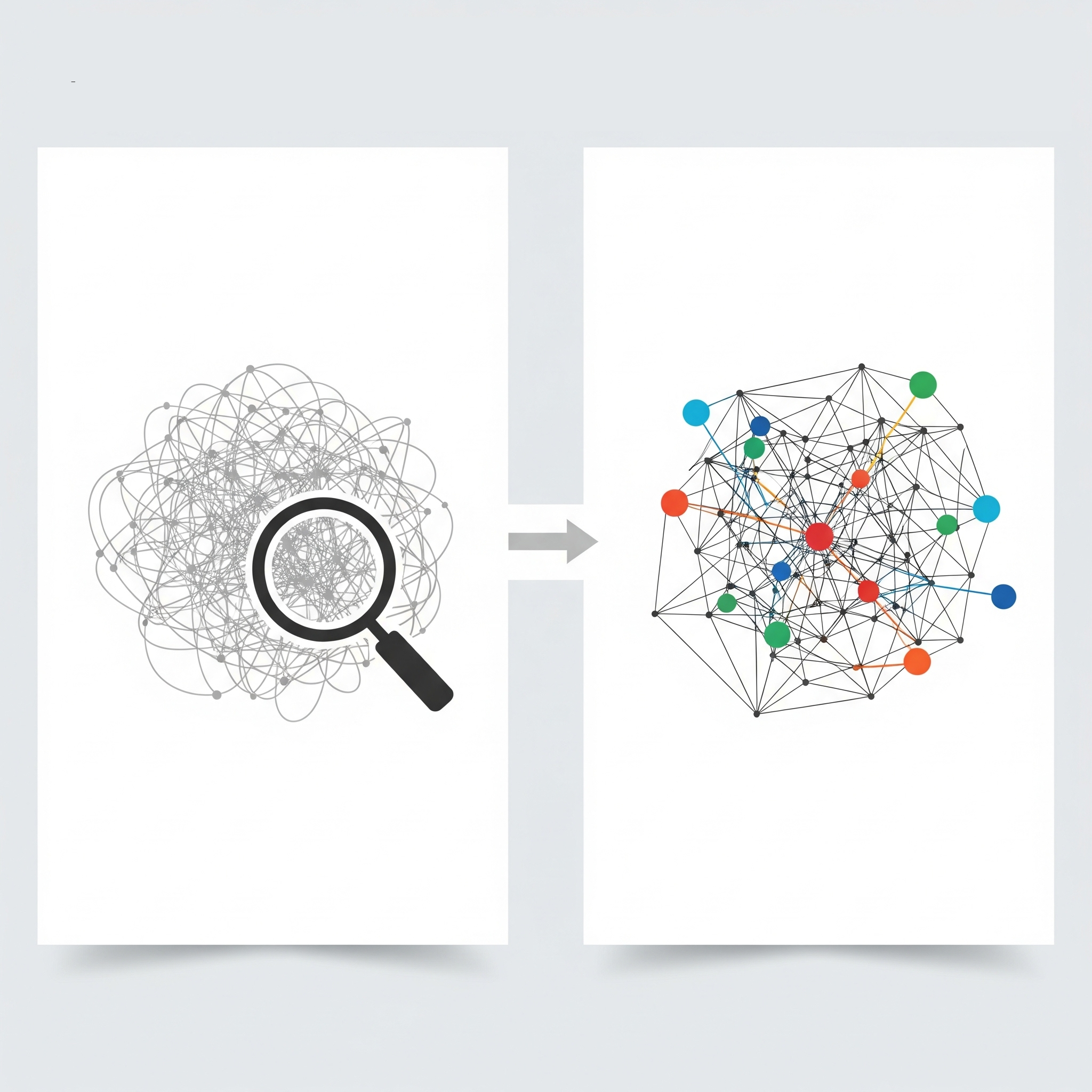 Links: ein ungeordnetes Netzwerk, rechts: ein klar strukturiertes Netzwerk